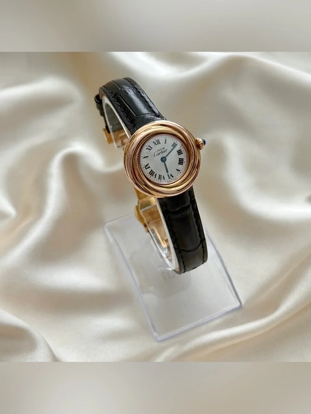 AUTHENTIC RARE VINTAGE CARTIER TRINITY BLACK LEATHER WATCH - WITH BOX - Picture 4 of 16
